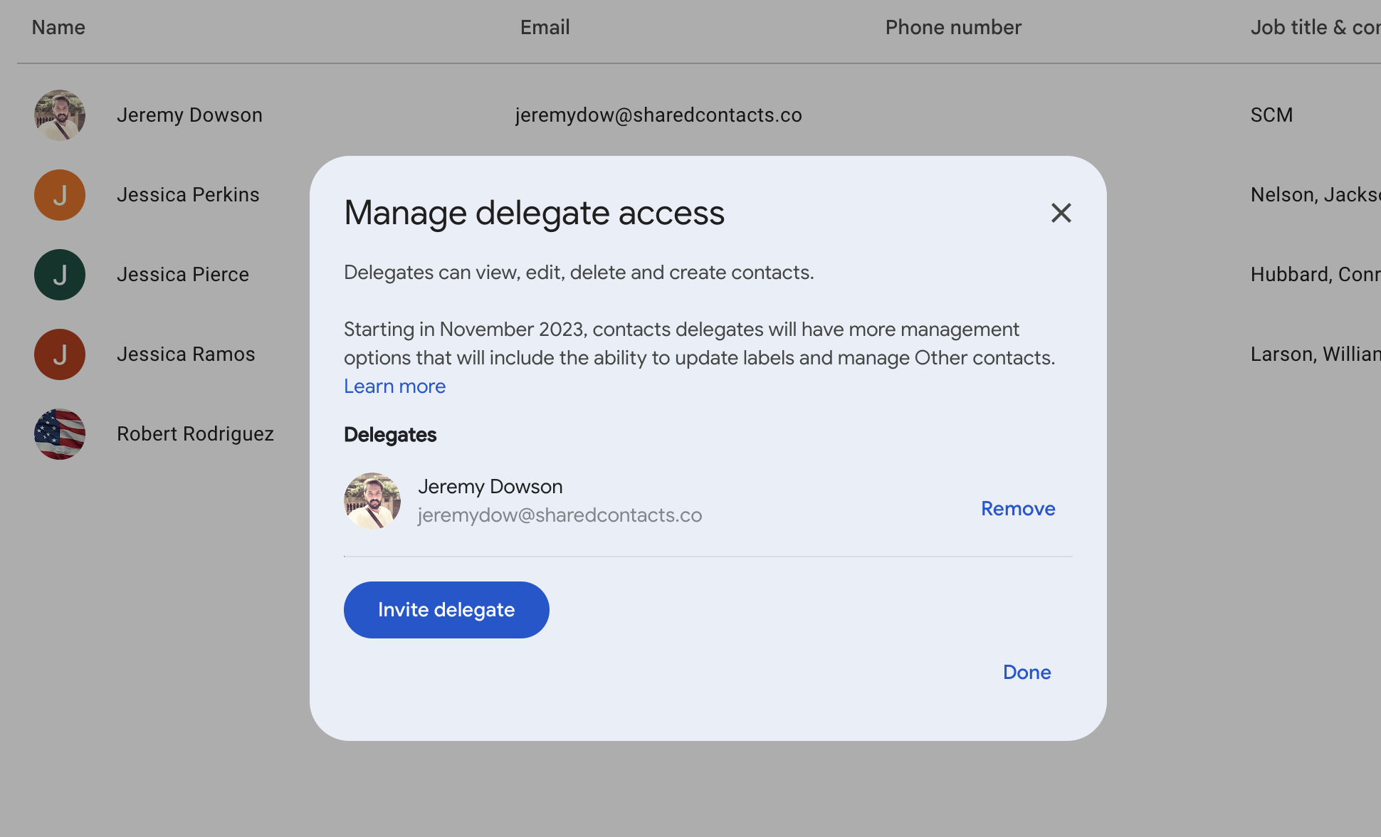Google 联系人代表团功能中的受邀代表